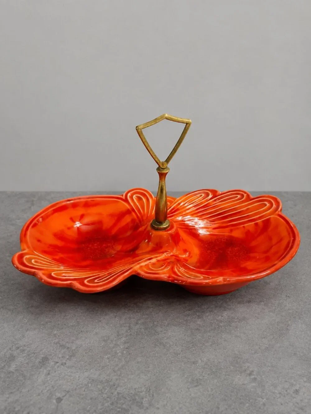 1960s Cal Style USA Orange Pottery Divided Candy Dish MCM Leaf Tidbit Tray